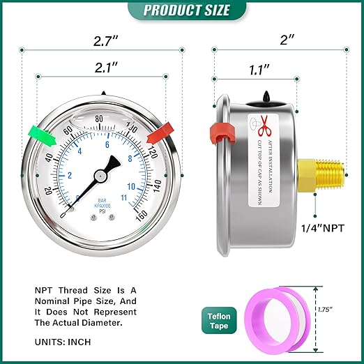 0-160psi Stainless Steel Glycerin Liquid Filled Pressure Gauge 1/4" NPT 2.5" Face Dial Center Back Mount, for Water, Oil and Air Pressure Testing (with Range Mark Pointer)