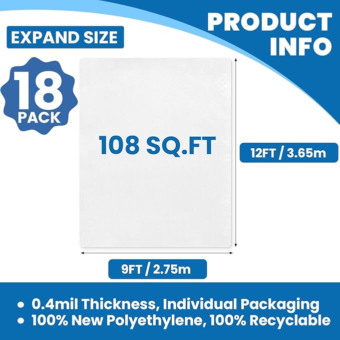 18 Pack Plastic Drop Cloth, 9 x 12 Feet Plastic Sheeting, Painter's Sheeting & Tarps for Painting, Dustproof Painters Plastics Tarp for Furniture Cover