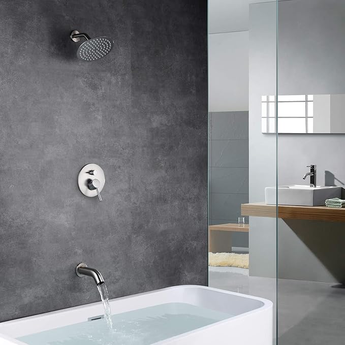 Tub Shower Faucet Set Brushed Nickel，High Flow Waterfall Tub Spout and High Pressure Rain Shower,SUMERAIN