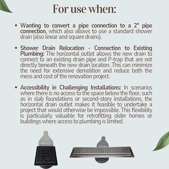 SereneDrains WOW Drain TM Horizontal Side Discharge Outlet Low Profile Shower Drain Assembly Reducer PVC Base Pipe Fitting P Trap (Without Drain)