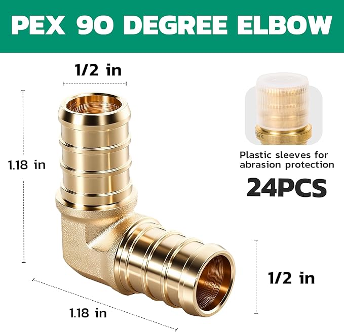 PEX Fittings 1/2 Inch, 24PCS Elbow Lead-Free Brass Connectors for PEX B Pipe, NSF UPC Certified, ASTM F1807, Compatible with Crimp/Clamp Rings (Hot/Cold Water, Hydronic Heating)