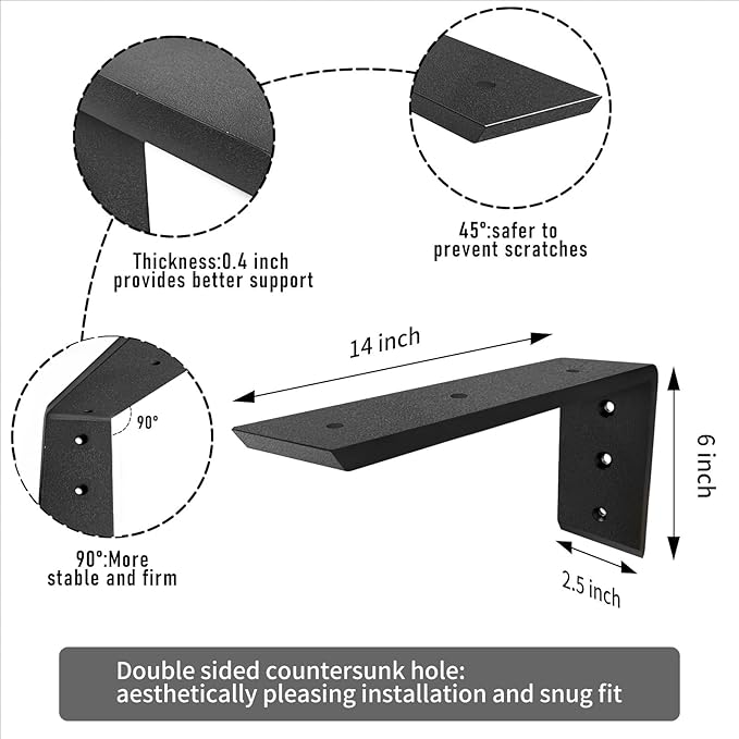 Floating Countertop Support Brackets Heavy Duty Shelf L Brackets 14 Inch 0.4 Inch Thick 14"x6"x2.5" Hidden Corbels for Granite/Wood/Concrete Countertops (2pack)