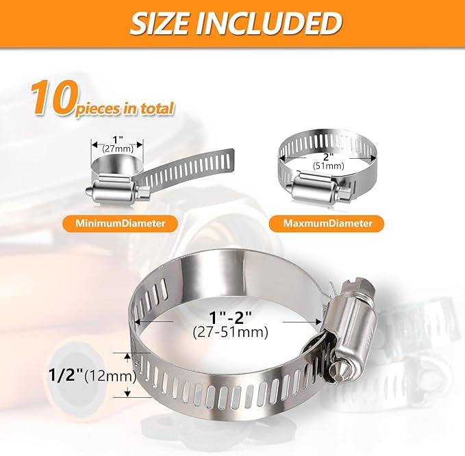 10 Pack Worm Gear Hose Clamp, Adjustable Range from 1 Inch to 2 Inch (27-51mm) Stainless Steel Fuel Line Hose Clamps, Metal Fuel Line Hose Clamps for Automotive Plumbing And Mechanical Application