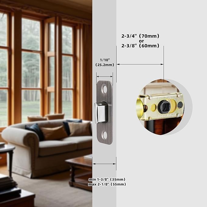 Antique Pewter Adjustable Door Latch 60 or 70mm, 45° Turning Angle, Door Lock Replacement Parts with Door Strike Plate, Wood Dowel, Dust-Boxes