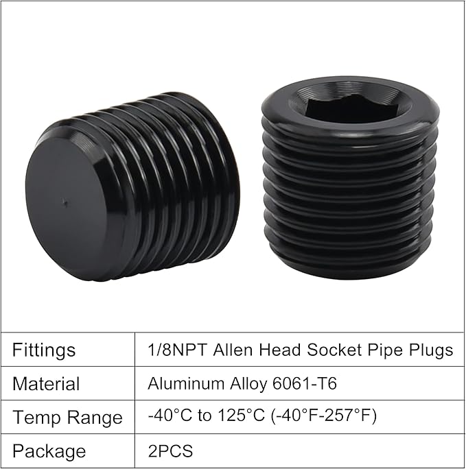 EVIL ENERGY 1/8" NPT Plugs Aluminum Socket Allen Head Black, Pack of 2
