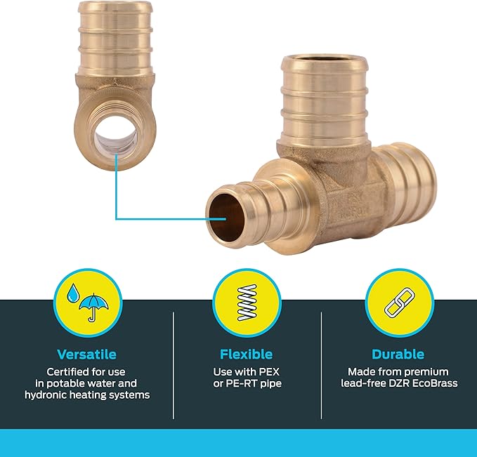 SharkBite 3/4 Inch x 1/2 Inch x 3/4 Inch Crimp Reducing Tee, Brass Plumbing Fitting, PEX Pipe, PE-RT, UC444LFA (Pack of 2)