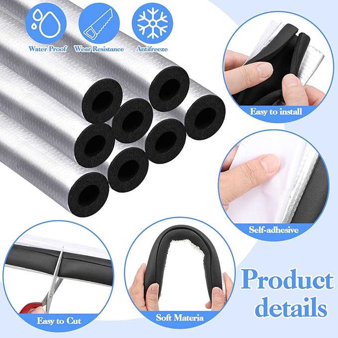 8 Pcs Pipe Insulation Foam Tube,Self Adhesive Pipe Wrap Foam Tube Antifreeze Heat Preservation for Winter Outside Pipes, Irrigation Pipe, Spigot, Water Heater Pipes (1.3 Ft x 0.6 in)