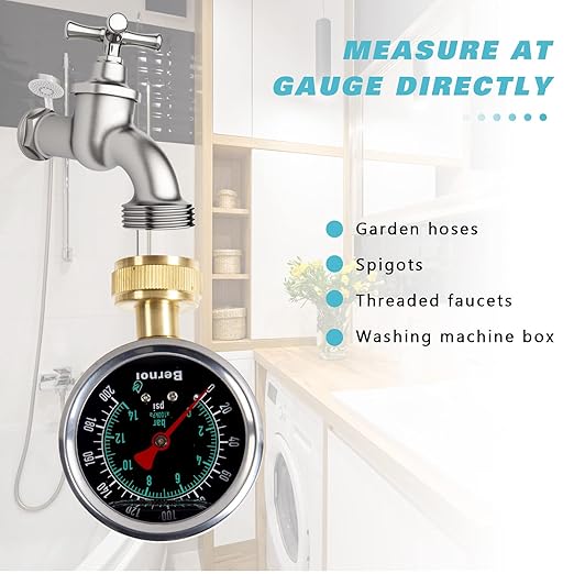 Bernoi Liquid Filled Water Pressure Gauge Kit with 5 Parts, 0-200 Psi, Standard 3/4" Female Garden Hose Thread Water Pessure Gauge for Home