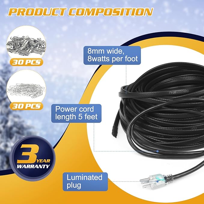 110FT Heat Tape for Water Pipes, -40°F Deicing Cable,Pipe Heat Cables for Roof,Gutter，Farm，Freeze Protetion Heating Wires, Heated Water Hose,Plumbing Fixtures,120V 5W/FT (110FT)
