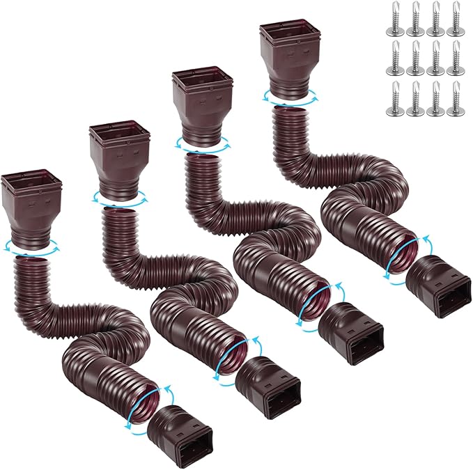 4 Pack Flexible Gutter Downspout Extensions Extendable from 21" to 67", Downspout Extender Comes with Adapters, Thickened Down spout Drain Extension for Rainwater Drainage(Brown)