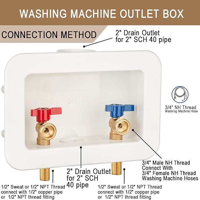 [1 Piece] Lingmfg Washing Machine Outlet Box 1/2 inch Sweat and Thread with 2 inch Central Drain, Connect 3/4 inch Washing Machine Hoses LING-WMOB-WO-WHA-1