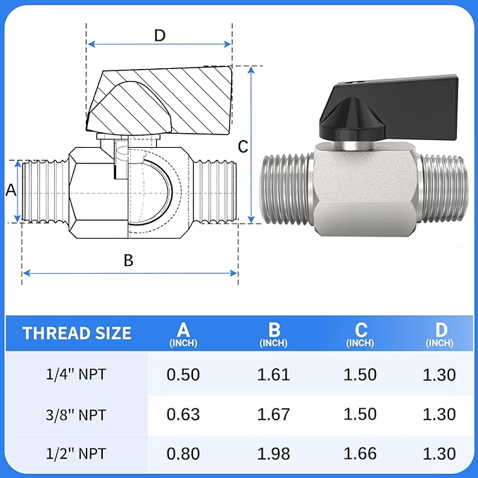 ChillWaves Brass Mini Ball Valve, Shut Off Switch Ball Valve 1/4" NPT Male x 1/4" NPT Male Thread Pipe Fitting(4-PACK)
