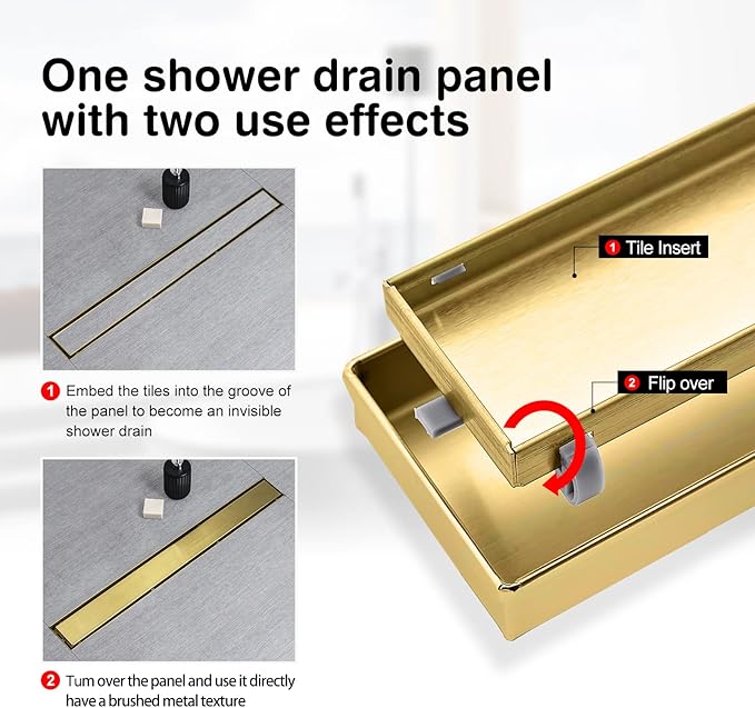 SaniteModar Linear Shower Drain, Gold Shower Drain 30 inch with Invisible 2 in 1 Tile Insert Panel, 304 Stainless Steel Brushed Gold Shower Drain with Hair Strainer and Leveling Feet