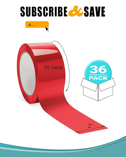 APQ 36 Rolls of Red Carton Sealing Tape 2" x 55 yds. Thickness 2 Mil. Acrylic Packaging Tape for Wrapping, Packing, Shipping, Moving Boxes. Acrylic Emulsion Adhesive. No Weathering, Yellowing.