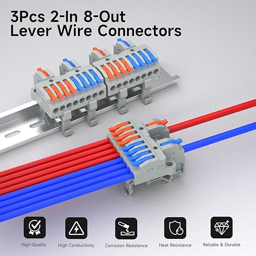 3Pcs Lever Wire Connectors, 2 in 8 Out, Push-in, 4-2.5 mm² Quick Wiring DIN Terminal Blocks, 30Pcs Wire Ferrules Terminals & 5.51 Inch DIN Rail Included