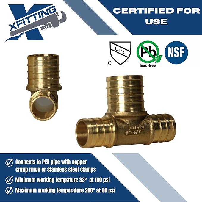 XFITTING 1", 3/4", 1/2" Pex Reducing Tee, Pex B Crimp Version (5, 3/4"x3/4"x1")