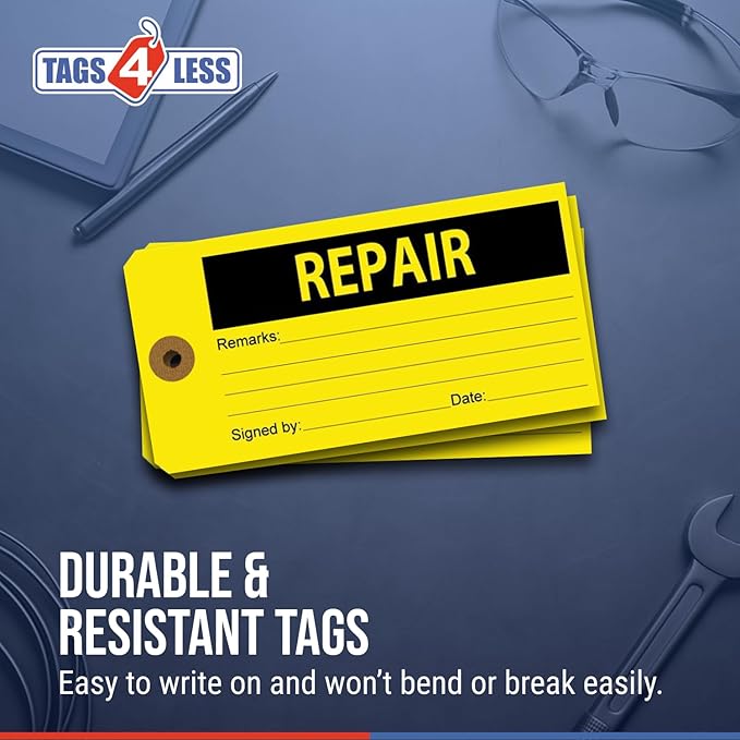 Tags 4 Less Production Quality Control Hang Tags – Equipment Preventative Maintenance Labels, for Easy Record-Keeping for Inventory Status (Repair, Pack of 100)