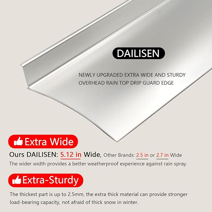 Extra Wide 5.12" W Door rain drip Guard Overhead,43.3" L Aluminum drip Cap for Exterior Doors Window Top,rain drip Edge Flashing,Water Deflector,rain Diverter,Anodized Silver 1PCS