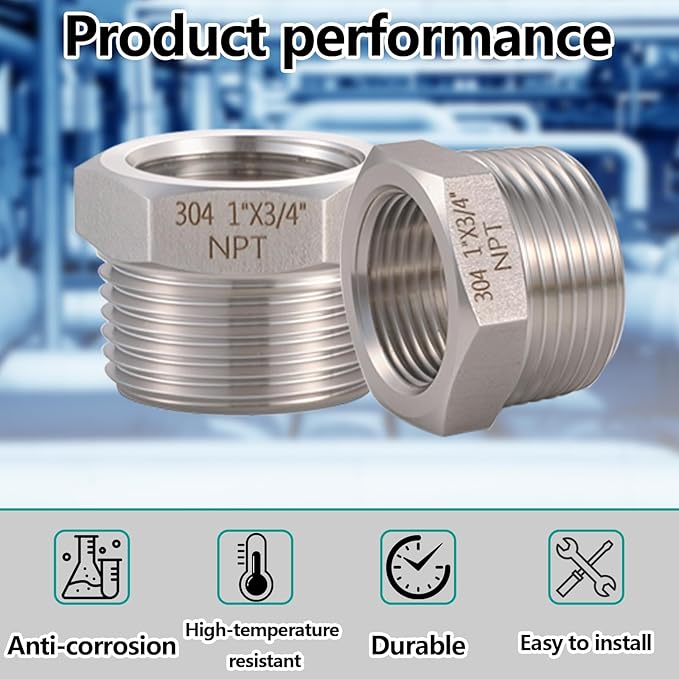 2 Pcs 1" Male NPT to 3/4" Female NPT Reducer Hex Bushing，304 Stainless Steel Pipe Fitting Hex Bushing, Heavy Duty Pipe Fitting Reducer Adapter