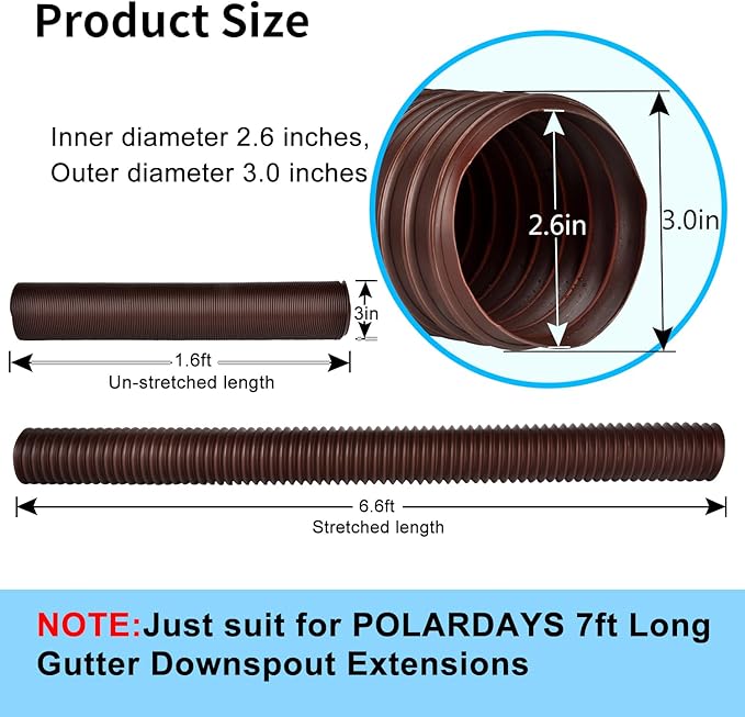 6.6ft Extra Flexible Pipe for POLARDAYS 3 inches Downspout Extender Pipe, Inside Diameter 2.6 inches and Outside Diameter 3 inches,Drain Downspout Extender,Gutter Connector Rainwater Drainage
