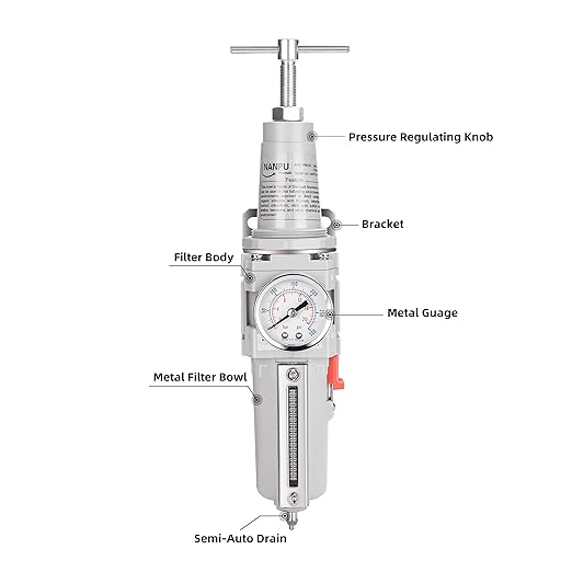 NANPU 3/8" NPT High Pressure Air Filter/Regulator Combo, T-Handle, Semi-Auto Drain, 0-300 Gauge, Metal Bowl (3/8" NPT)