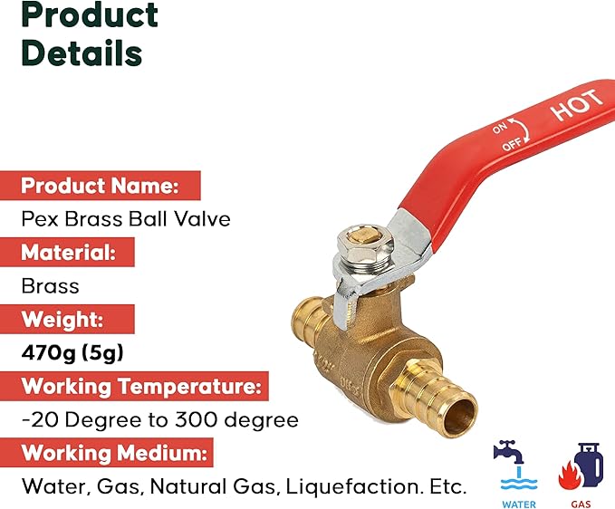 1/2" Pex Brass Ball Valve - Shut Off Valve for Water Hose - Crimping Tool - Hot Cold Fittings (Pack of 10)