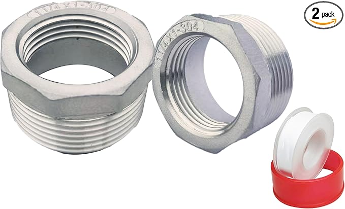 1-1/4" Male to 1" Female NPT Threaded Reducer Hex Bushing 304 Stainless Steel Reducing Adapter Pipe Fitting With Teflon Plumbers Tape(Pack of 2)