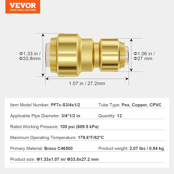 VEVOR Pipe Fittings, 1/2"-3/4" 12PCS Brass Pipe Fittings, Straight-Through Push-Fit Pipe Connector Brass Air Fittings, Heavy Duty Plumbing Fittings Adapter for Heating/Shower Systems,Water Pipes