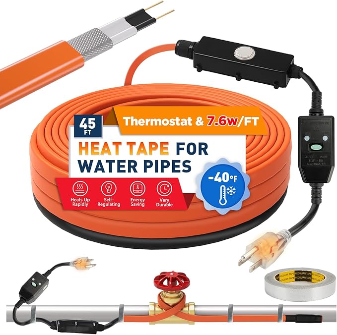 3~100FT Heat Tape for Water Pipes, UL & ETL Certified 45 FT Self-Regulating Pipe Heating Cable with Thermostat for Pipe Freeze Protection, Waterproof Heat Tape for Metal and Plastic Pipes