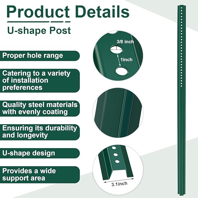 Gisafai 6 Pack 6 ft Tall U Channel Sign Steel Post with Green Enamel Coating Heavy Duty Metal Sign Post with Pre Drilled Holes for Easy Mounting