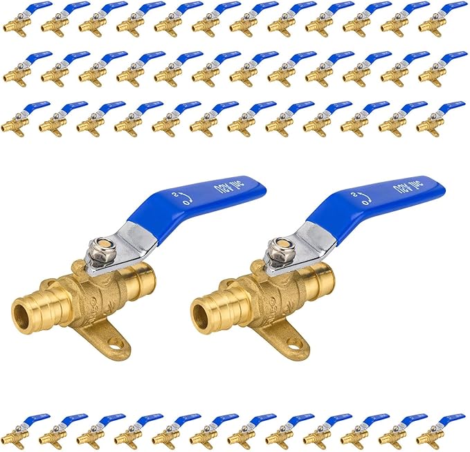 50-Pack Foskan 1/2" Brass PEX Expansion Drop Ear Ball Valve with Blue Handle, Full Port Shut-off Valve for Hot and Cold Water Distribution