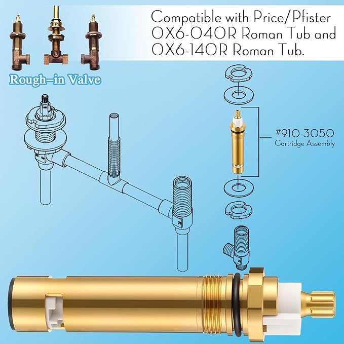 Dreyoo Ceramic Cartridge Compatible with 9103050, Roman tub Reversible Cartridge Compatible with Price/Pfister, Shower Valve Faucet Stem, Work for Both Hot and Cold