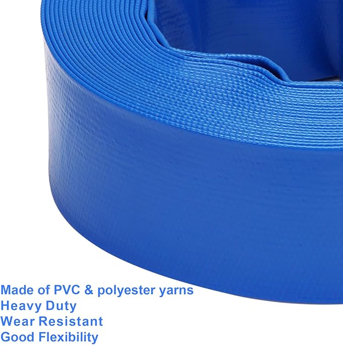 Lay-Flat Pool Backwash Hose - 2" x 50Ft Reinforced Heavy Duty PVC Discharge Hose Weather-Proof Vinyl Pool Drain Hose for Water Transfer with 2 clamps