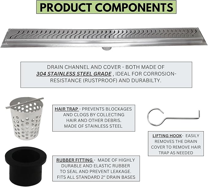 SereneDrains 304 Stainless Steel Brushed Nickel Linear Shower Drain Kit Ocean Wave Linear Shower Drains for Tile Floor Long Hair Catcher Strainer Grate Cover Bathroom (39 Inch)