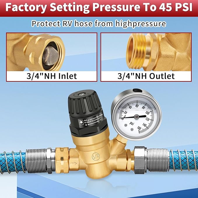 Boltigen RV Water Pressure Regulator with Gauge, 3/4'' GHT Lead-Free Brass Fresh Water Hose Pressure Reducer Valve, Adjustable Water Pressure Regulator for RV Camper