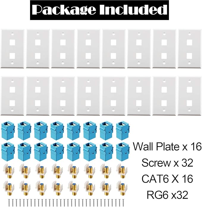 Weewooday 8 Pieces Cat 6 Ethernet Wall Plates, Cat 6 Coax Wall Plate with Ethernet Port and Gold-Plated TV Coax F-Type Port (Blue)
