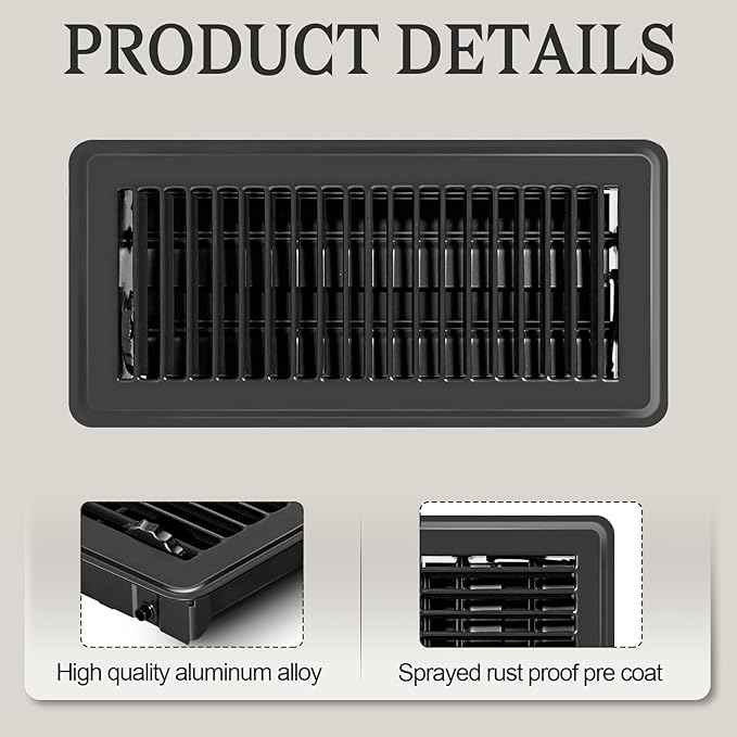4 PCS Floor Vents Floor Registers 4x10 inch, Heavy Duty Metal Heat Air Vent Covers 4 X 10 with Rust Proof Finish for Home Office Wall Floor Registers Grilles & Vents (4, Black, 4x10 Inches)