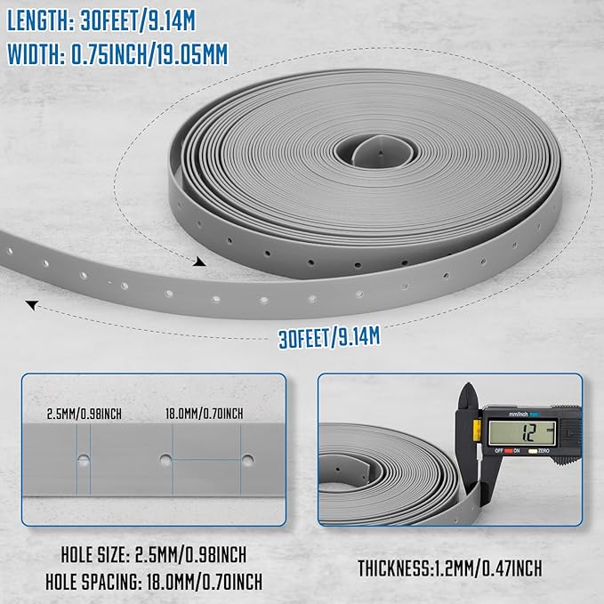 Plastic Hanger Strap 3/4 Inch x 30 FT Reinforced Flexible Hanger Strap for Pipe & Ducts Securing in Plumbing & HVAC, Gray