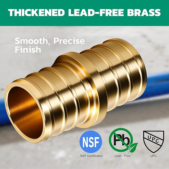 PEX Fittings 3/4 Inch, 12PCS Coupling Lead-Free Brass Connectors for PEX B Pipe, NSF UPC Certified, ASTM F1807, Compatible with Crimp/Clamp Rings (Hot/Cold Water, Hydronic Heating)