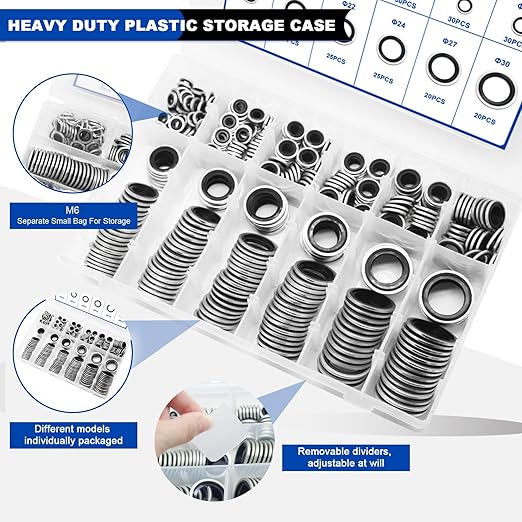 380 PCS Metric Bonded Sealing Washers, NBR Zinc-Plated Steel Self-Centred Sealing Rubber Washers, Automotive Seal Gasket Crush Washers Assortment Kit Set, Includes Sizes of M6-M30