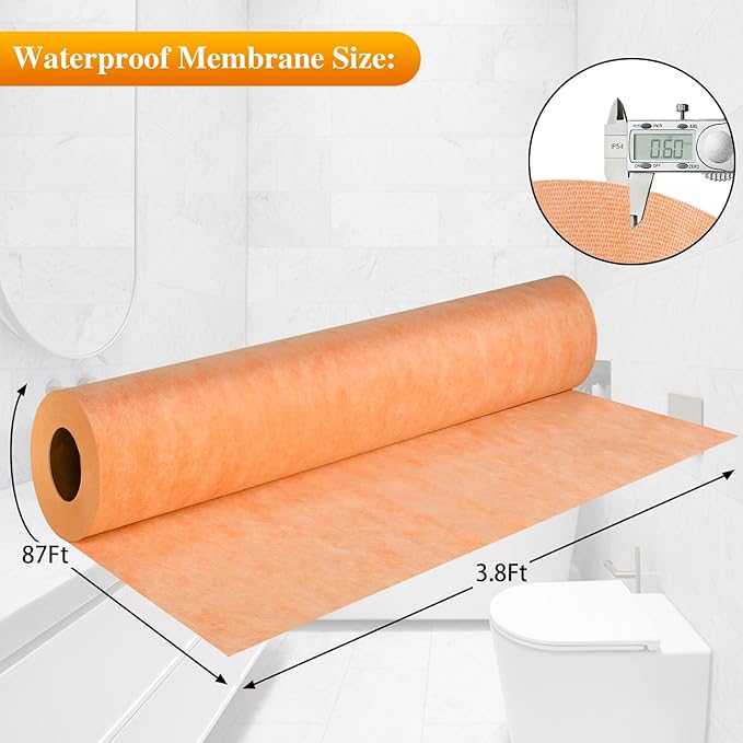 Waterproofing Membrane for Shower,3.8 ft x 87 ft Waterproof Shower Membrane for Sauna Bathroom Steam Room Wall Tile Underlayment,Tile Underlayment Seam Tape Uncoupling Band,23.6 Mils Thick,330 Sq Ft