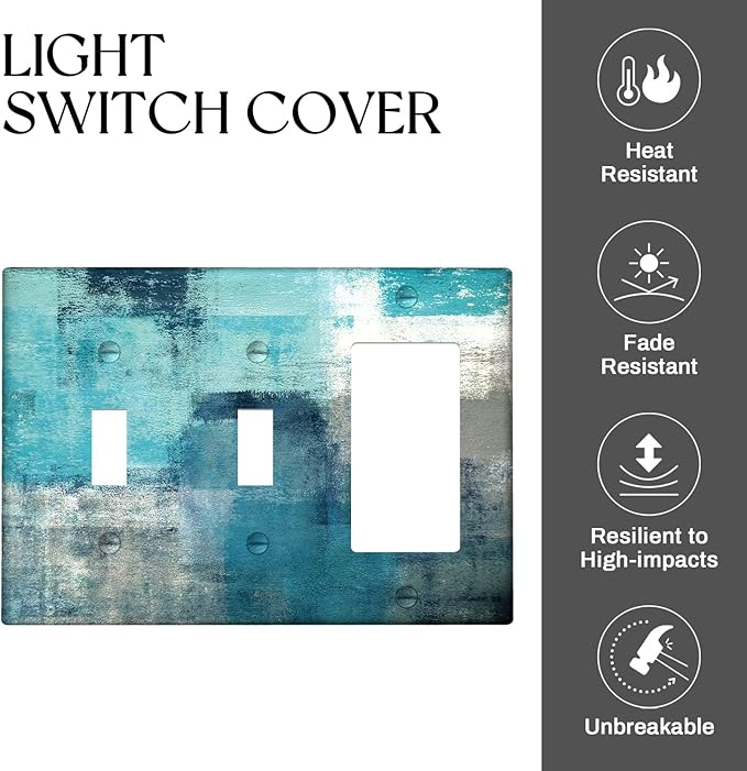 Turquoise Grey Light Switch Cover 3 Gang Decora/Toggle Decorative Wall Switch Plates Abstract Art Wallplates Outlets Cover for Kitchen Bedroom Decor