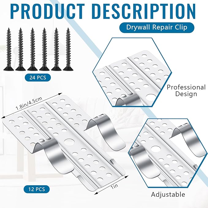 12 Pack 1/2" Drywall Repair Clips Patch Kits Including 12 Drywall Repair Clips and 24 Matching Screws for Wall Hole