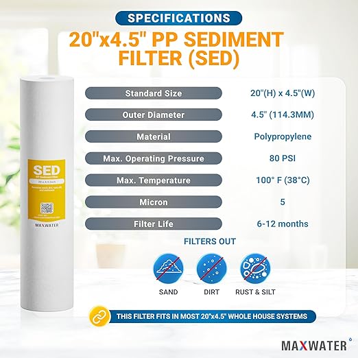 Max Water Whole House Water Filter Housing, 20" x 4.5" Sediment Carbon Cartridge Universal Housing, Pre-Filtration System for Well and City Water with 1" NPT Port and Include 1 Sediment Filter
