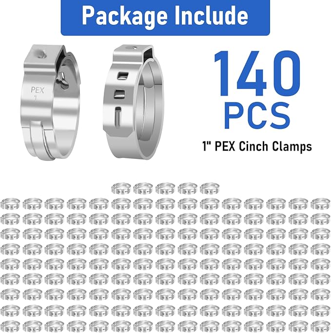 Kodilin 140-Pack 1 Pex Crimp Rings, Heavy-Duty 304 Stainless Steel Single Ear Pex Clamps Wider & Thicker Pex Cinch Clamps for Superior Grip & 360° Seal, Fits PEX Tubing Pipe Fitting Connections