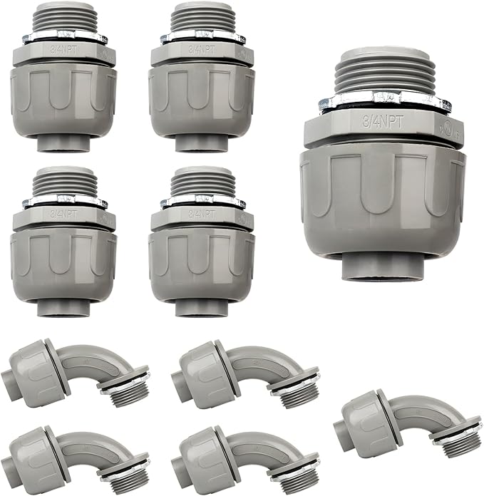 Conduit Connectors, 3/4 Inch Liquid Tight Connector NPT Non-Metallic for PVC Electrical Flexible Conduit Fittings, 5 Straight and 5 Angle 90 Degree, UL Listed, Grey (10-Pack)