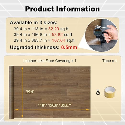 Freshtour Vinyl Flooring Roll, Versatile Removable PET Leather-Like Floor Covering, Waterproof & Durable, Easy Tape Installation, Cost-Effective for Any Room, Nature Oak/ 32.29 Sq.ft (39.3" x 118")