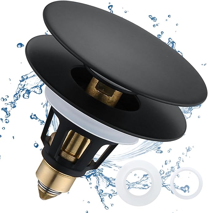 Universal Bathroom Sink Drain Stopper - 1.1~1.5" Pop Up Drain Stopper, Anti-Clogging Bounce Basin Filter with Hair Catcher, Stainless Steel Sink Drain Strainer (Matte Black)