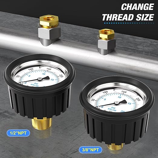 MEANLIN MEASURE 0~300Psi Stainless Steel 1/4" NPT 2.5" FACE DIAL,Liquid Filled Pressure Gauge, Center Back Mount (with Rubber Protective Sleeve), with 1/2" NPT and 3/8" NPT Hex Bushing
