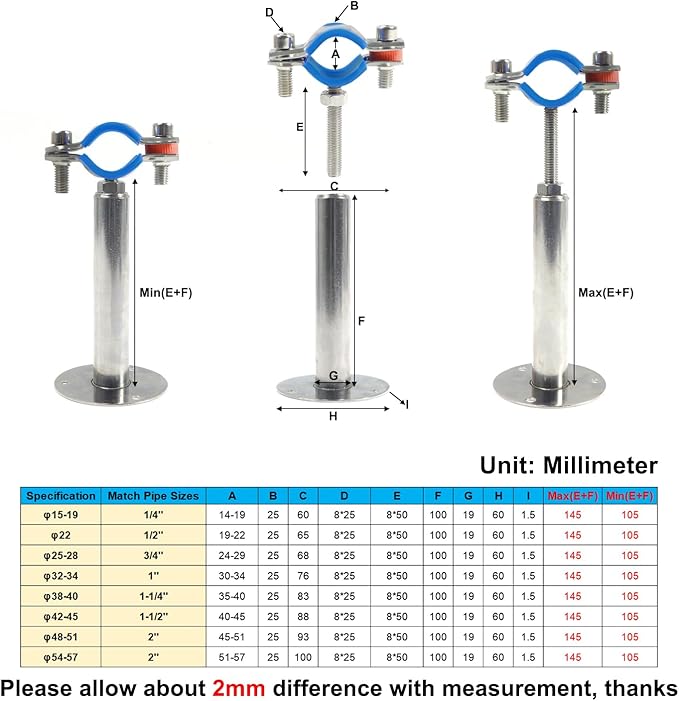Kodilin 4PCS 304 Stainless Steel Wall Mount Ceiling Mount Pipe Supports,Suitable for OD Pipe 1-1/4"(38-40mm),Adjustable Height 100-145mm,Adjustable Pipe Strap Clamp with Screws